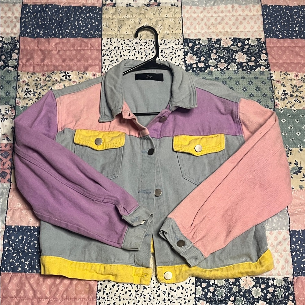 Vintage Colorblock Jean Jacket in Gray, Pink, Lavender & Yellow